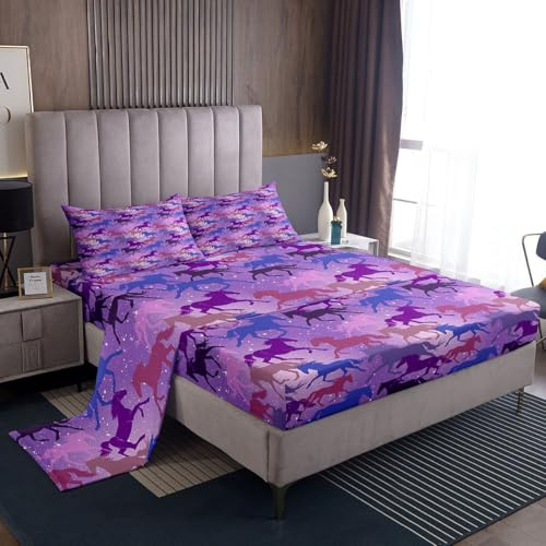 Feelyou Horse Kids Toddler Sheet Set Galaxy Steed Teens Bed Sheets Boys Girls Galloping Horse Bed Set 3D Wild Animal Purple Blue Pink Decor Sheets Bedroom Collection 3Pcs Twin Size