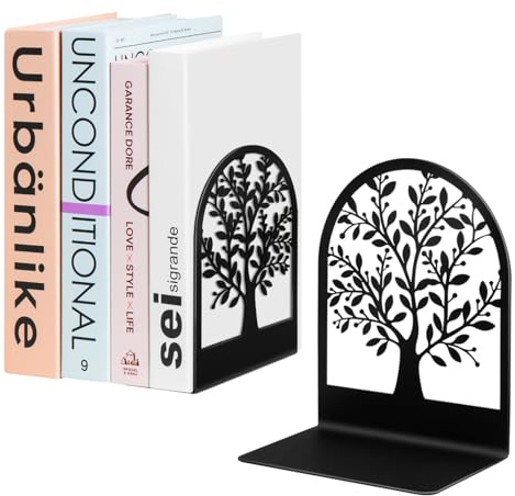 Umikk Buchstützen, Metall-Buchstütze, Baum des Lebens, Buchstütze für Regale, dekorative Buchstützen für schwere Bücher, schwarzer Rutschfester Buchstopper, 17,8 x 14 x 8,9 cm (1 Paar)