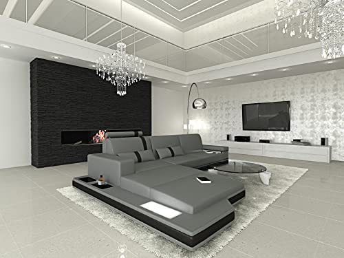 Ledersofa Messana L Form Sofa - mit LED Beleuchtung, verstellbare Kopfstützen, Recamiere/Lederfarben wählbar/Ausrichtung Ottomane wählbar (Ottomane Links, Grau-Schwarz)