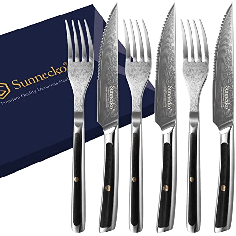 Sunnecko Steakbesteck Set Steakmesser Set - 6pcs Damast Steakbesteck Set für 3 Personen Damast Steakgabel Steakmesser 6er Set Damastmesser Damastgabeln G10 Steak Besteck Set