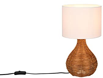 Große Tischlampe Rattan Natur Stoffschirm Weiß im Boho Stil, rund Ø 22cm