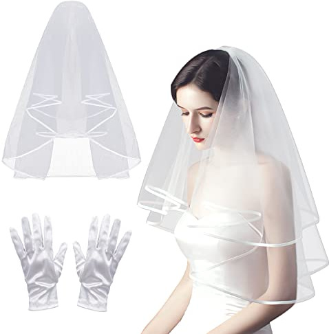 PFLYPF Un voile blanc 80 cm + une paire de gants courts en satin blanc, banquet photo à thème de mariage, voile de mariée et peigne court voile en satin, Weiß