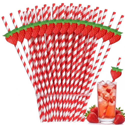 Vesici 100 Pcs Strawberry Straws Sweet Red White Striped Paper Straw | 0.24 x 7.76 Inch Fruit Theme Disposable Drinking, Berry Fruit Party Decor, Birthday Bridal Baby Shower Wedding Party Supplies