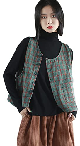 NFYM Chaleco de algodón y lino para mujer, estilo vintage, con botones, sin mangas, holgada, informal, con bolsillos, Verde oscuro, Talla única
