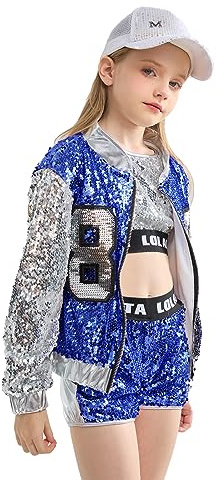 LOLANTA 4-delad hiphop-paljettdräkt för flickor, glittrande grafisk jacka, glänsande maglinne, metalliska shorts, blå, 8-9 år, 140