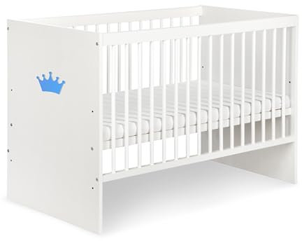 KMbaby Babybett 120 x 60 cm mit Matratze Weiß mit Blauer Krone Baby Kinderbett Gitterbett mit Lattenrost 3 Stufen Höhenverstellbar - Lackiertes Kiefernholz TANY-KOR