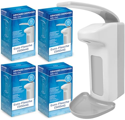 4x ARNOMED plast desinfektionsmedel dispenser, desinfektionsmedel dispenser för 500ml, euro dispenser, tvålpump vit för väggmontering, desinfektionsmedel dispenser, dispenser stående utan borrning.