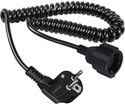 Schuko Verlängerungskabel Spiralkabel 3,0m, Schutzkontakt Spiralkabel 3x1mm²,1m bis 3,0m Max,IP44 Verlängerungsleitung(230V/16 A), Schuko Stecker mit Kupplung für Zuhause, Büro, Außenbereich,Schwarz