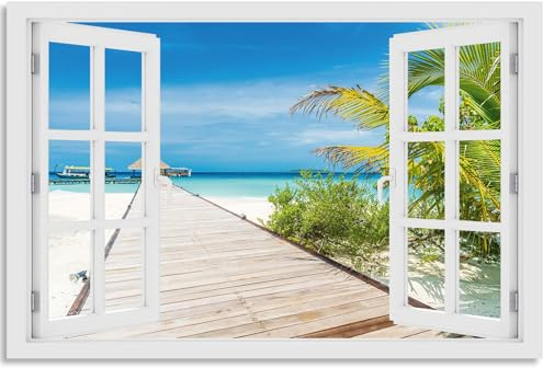 timalo Wandbild Outdoor wetterfeste Bilder für draußen | Gartenbilder Innen & Außen | Landschaftsbilder Acryl Glas Fensterblick Effekt | 120x60cm Meer Strand Palmen Thailand