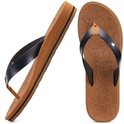 ONCAI Womens Flip Flops Yoga Mat Non-Slip Sandals Summer Beach Slippers With Arch Support Lightweight Rubber Sole Black & Khaki Size 5.5