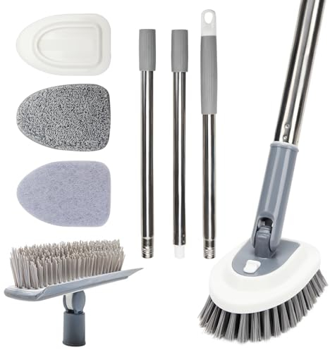 Sayene Floor Scrub Brush, 4 in 1 Tile Tub Scrubber Grout Brush with Adjustable Long Handle Shower Scrubber for Cleaning Bathroom/Shower/Tub/Tile/Kitchen/Glass/Wall
