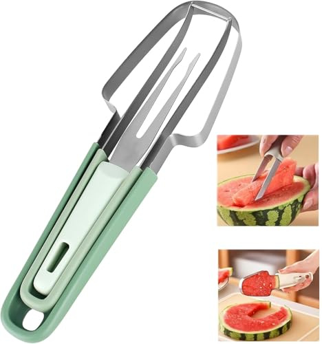 3-in-1 Wassermelonen Schneider, Edelstahl Melonenschneider, Wassermelonen Gabelschneider, Wassermelonenschneider für Cantaloupe, Drachenfrucht, Papaya für Küche Familien Partys Camping