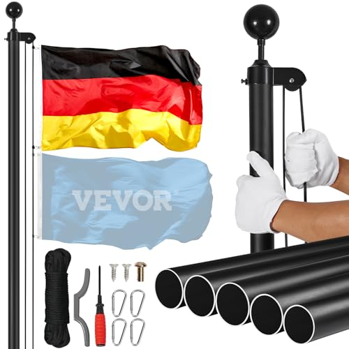 VEVOR Kit de mât de Drapeau détachable 6090 mm, mât de Drapeau Allemand en Alliage d'aluminium dans Le Sol pour extérieur, mât de Drapeaux à 3 Modes d'affichage avec Accessoires Professionnels, Noir