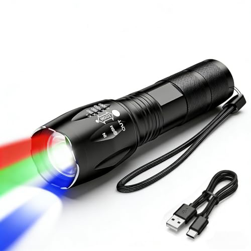 Rechargeable Zoomable LED Torch 4 Colours in 1 Red Green Blue White | Super Bright Flashlight, 4 Lighting Modes, Pocket Size, for Emergency Fishing Camping Hiking Outdoor Use