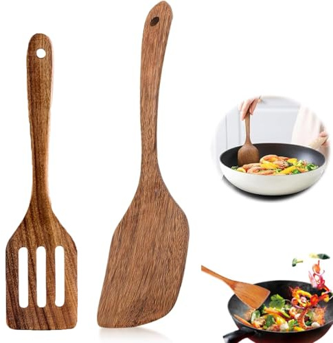 2 Stück Holz Kochlöffel und Pfannenwender - Spülmaschinenfest, Holzspachtel und Spatel für Ihre Küche