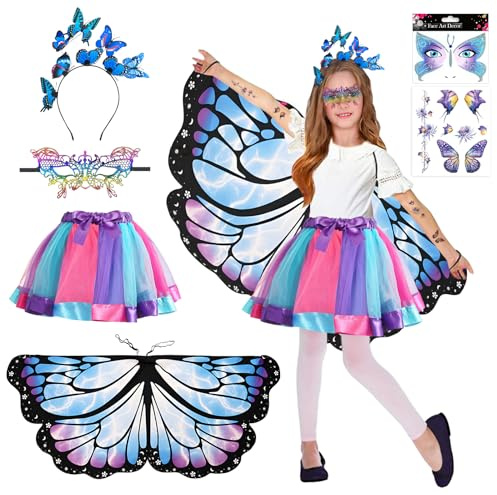 Costume da Farfalla per Bambina,6Pcs Farfalla Costume da Fata con Tutu Gonna,Ali Farfalla Costume,Maschera,Cerchietto Farfalla,Tatuaggi e Adesivi,Adatto per Ragazze a Carnevale,Festa di Gioco di Ruolo