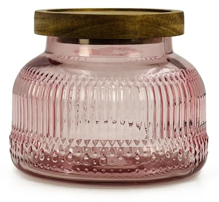 Barattolo decorativo in vetro rosa con coperchio ermetico in legno da 750 ml, ampio contenitore vintage da cucina per biscotti, caramelle, miele, farina, spezie, caffè, tè, decorazione per la casa