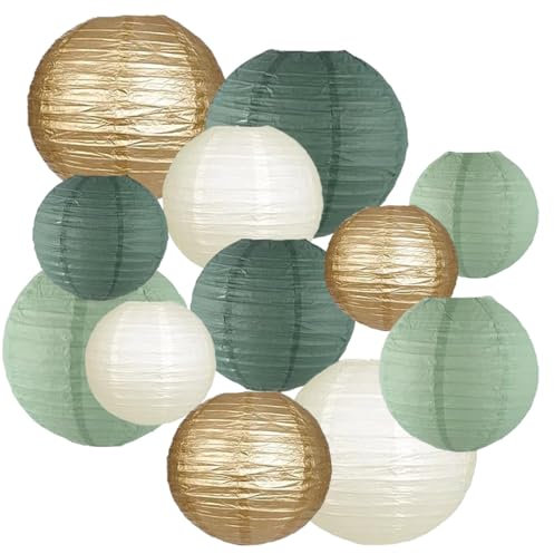 12pcs Sage Green Gold Paper Lanterns,Hanging Paper Lanterns for Bridal Enchanted Forest Shower Rustic Neutral Boho Birthday Wedding Home Decor Party Decoration
