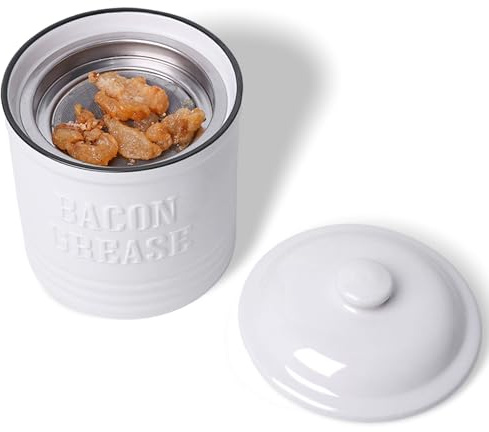 Ceramic Bacon Grease Container with Strainer, 35 oz Large Bacon Grease Keeper,Cooking Oil Storage Can Grease Keeper for Kitchen
