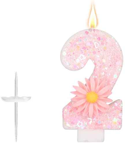 Pink Number Birthday Candle, 2.8in Glittery Cute Daisy Flower Sparkling Number Candle Cake Topper Decoration Ideal for Girls Birthday Party Baby Shower & s (2)
