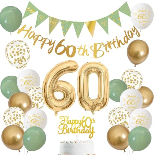 60 Jahre Geburtstag Dekoration für Männer und Frauen – Salbeigrün, Weiß und Gold Luftballons mit ‚Happy Birthday‘-Banner, Zahl 60 Ballon und Tortenaufleger für 60 Jahre Geburtstagsfeier-Deko (60)