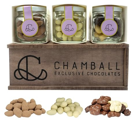 CHAMBALL Caja Gourmet 300g – Chocolate con pistacho, Almendras Garrapiñadas con Chocolate Negro & Nueces Tres Chocolates | Chocolates Originales para Regalar, Caja Regalo Chocolate, Detalle Gourmet