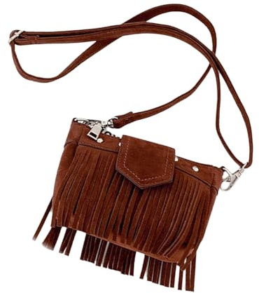 Petit sac à bandoulière tendance à franges pour femme avec fermeture éclair et sangle réglable, style ethnique, pompons, sac à main ethnique, marron, One Size