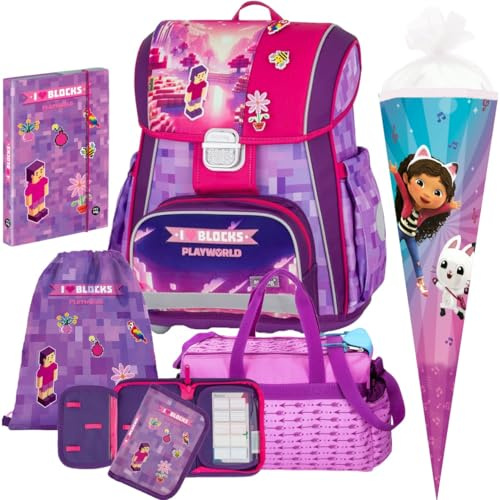 Pridera OB Premium Light - Playworld Girl - Pixel - Schulranzen-Set 6tlg. mit Sporttasche, Schultüte, Heftbox gratis