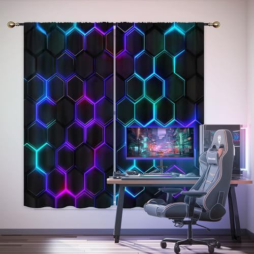 Neon Kids Curtains for Boys Bedroom Cool Neon Game 3D Hexagon Room Decor