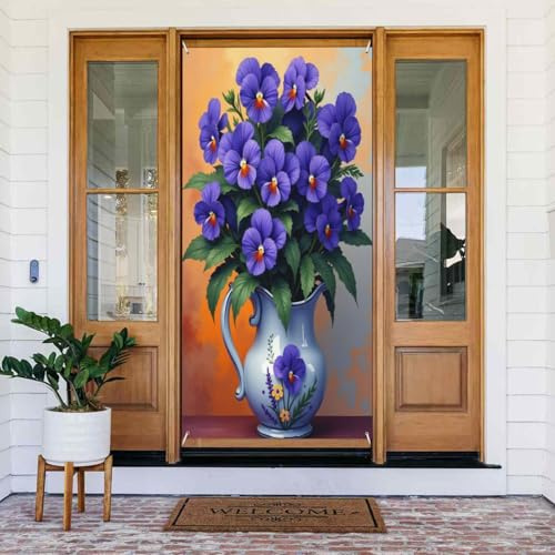 Türabdeckungen Dekorationen – moderner Blumenstrauß, violetter Druck, Nr. 143, Herbst-Winter-Türbanner für Vorderseite, Frühling-Sommer-Schild, Abdeckung, Banner, hängende Kulisse für Außen- und