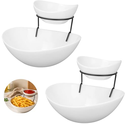 Kaxtde 2er-Set Chips Servierschalen, 1300ml / 400ml Obst Etagere Snackschalen Dipschalen mit 2 Etagen, Salatschüssel Set mit Dip-Schale Metallgestell für Party Buffet (Weiß)