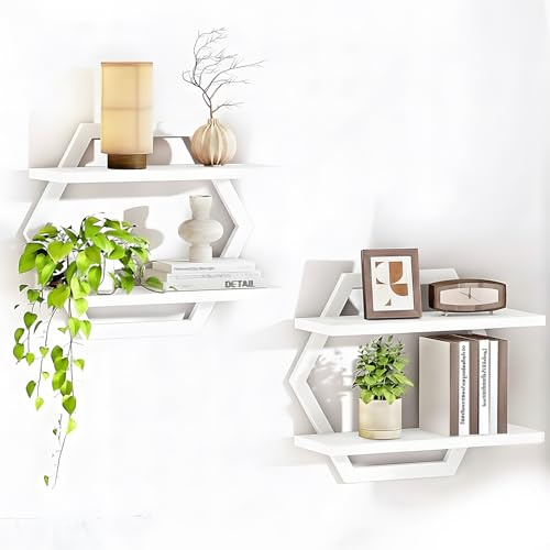 2er-Set Wandregal Holz und Metall,Schweberegal,Regalbrett,Dekorativ Regale für Wände,Hängeregale für Wohnzimmer,Schlafzimmer,Küche,Büro (Weiß)
