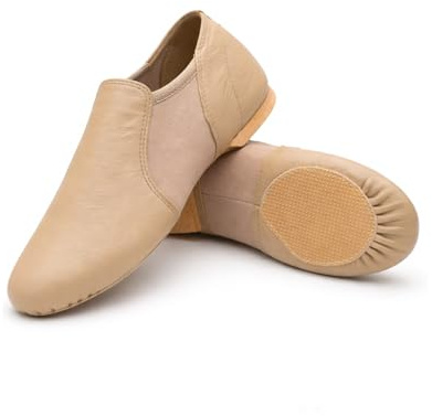 iKelpie Slip On Tan Jazz Dance Shoes – Soft Leather Split Sole, Flexible Neoprene Upper, Rubber Heel – Lightweight Modern Stage Dance Shoes for Kids & Adults