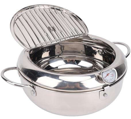 Olla para freidora de 3,2 L, olla para freír tempura japonesa, freidora pequeña de acero inoxidable con termómetro, tapa y escurridor de aceite para patatas fritas, camarones,