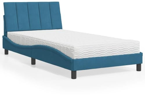 Ordellia Hanko Säng med madrass, 100 x 200 cm, blå sammet, vågforms-design, komfortskummadrass H2 H3, sovrumsmöbler