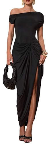 SweatyRocks Off Shoulder Kleid Damen Lange Kleider Elegant Maxikleid Hochzeitsgast Kleid Mit Schlitz Sommerkleider Abendkleid Cocktailkleid Schwarz L