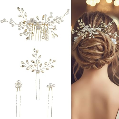SUBTAVIK 4 épingles à cheveux mariage, fleurs, perles et strass, dorées, pour mariées, demoiselles d'honneur et invitées