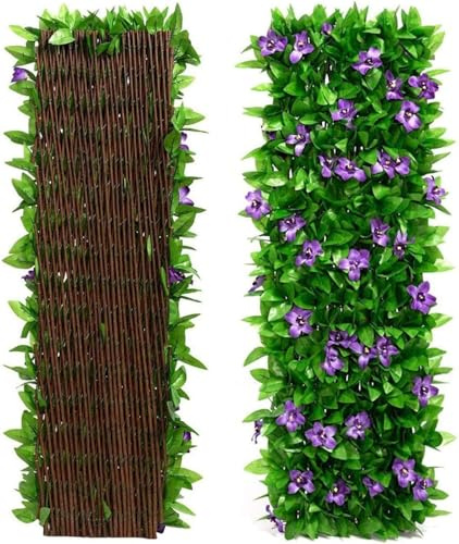 Schermo di Foglie Artificiali, Siepe Artificiale Con Foglie Fiori viola Su Traliccio Estensibile in Legno Salice Divisorio Pannello Recinzione Edera Finta Decorativa Balconi Patio, 40x200cm (1Pezzi)