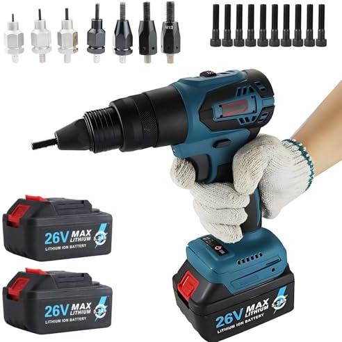 Remachadora Automática Inalámbrica For Tuercas, Pistola Remachadora De 26 V, 7 Puntas Intercambiables M3-M12, Modo Manual Y De Memoria, 2 Velocidades (H/L), Cargador, Estuche De Transporte