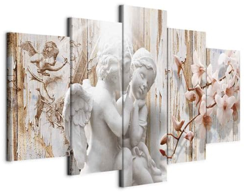 B&D XXL - Wandbilder XXL Engel Vintage 100x50cm 5 tlg - Wand Deko Leinwand Bilder Groß Wanddeko Wohnzimmer Schlafzimmer Kunstdrucke - Orchidee Holzoptik Liebe h-C-0001-b-m