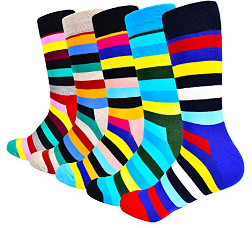 HIWEAR Mens Socks- Colorful Funky Novelty Design Rich Cotton,Men's Comfort Dress Calf Socks Multipack (UK, Alpha, One Size, Regular, Regular, Stripe5-5 Pack)