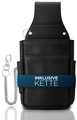 FLEXIBILITE® Kellnertasche Echt Leder | Gastronomie Zubehör | Kellnerholster [Neues Konzept 2026] | Bedienungstasche EXTRA 47cm Stahlkette | Holster Tasche 12 Monate GARANTIE | Schwarz