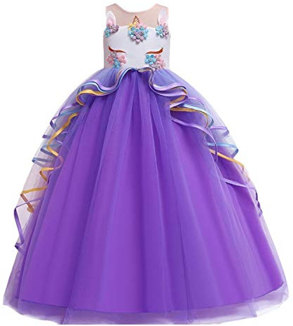 MYRISAM Princesse Fille Licorne Déguisement Robe de Anniversaire Cérémonie Soirée Halloween Carnaval Noël Fête Longue en Tulle Robes Bal