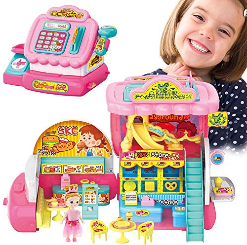 BAKAJI Registratore di Cassa Giocattolo Playset trasformabile in Ristorante per Bambole Giocattolo Bambini con Bambola Inclusa e Tanti Accessori Gioco Supermercato