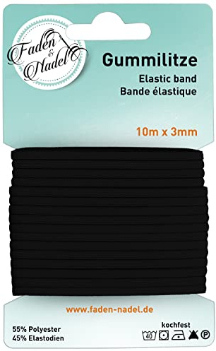 Faden & Nadel 10 meter gummilist (bredd 3 mm) elastiskt gummiband i svart, koksäker och strykbar