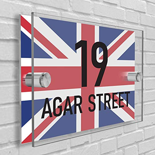 Personalised House Number Plaque in Rectangle shape Glass Effect Acrylic Sign Door Plate Wall Display in Premium Quality 2 Part Acrylic- Choose Your Own Design & Font (UK Flag)