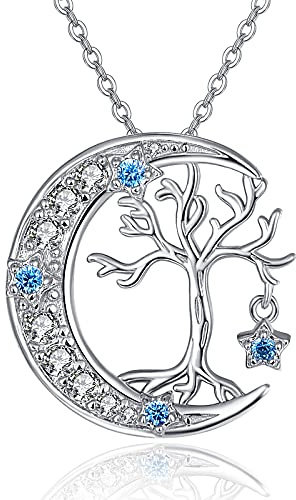 TANGPOET Lebensbaum Kette S925 Sterling Silber Lebensbaum Ketten für Damen Moon Halskette Mond Anhänger Star für Mutter Schwester Mädchen Schmuck Geschenk