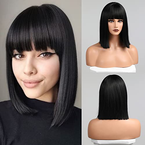 HAIRCUBE Parrucca Black Bob con Bangs, parrucca nera corta per le donne Dritto Bob parrucche resistente al calore Parrucca sintetica resistente al calore Daily Party Party Party Cosplay Uso 12 