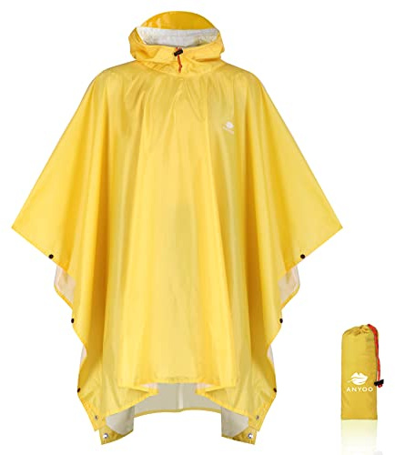 Anyoo Lätt, vattentät, återanvändbar och ventilerad poncho med huva; perfekt för utomhusbruk; en storlek, Gult, One size