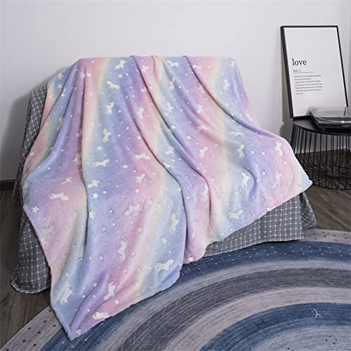 Ricemru Regenbogen Kuscheldecke Mädchen Leuchtet im Dunkeln Kinder Sterne Pferde Tiere 100x150 Kinderdecke Microfaser Flauschig Weiche Baby Fleece Flanell Flauschdecke Wohndecken Babydecke